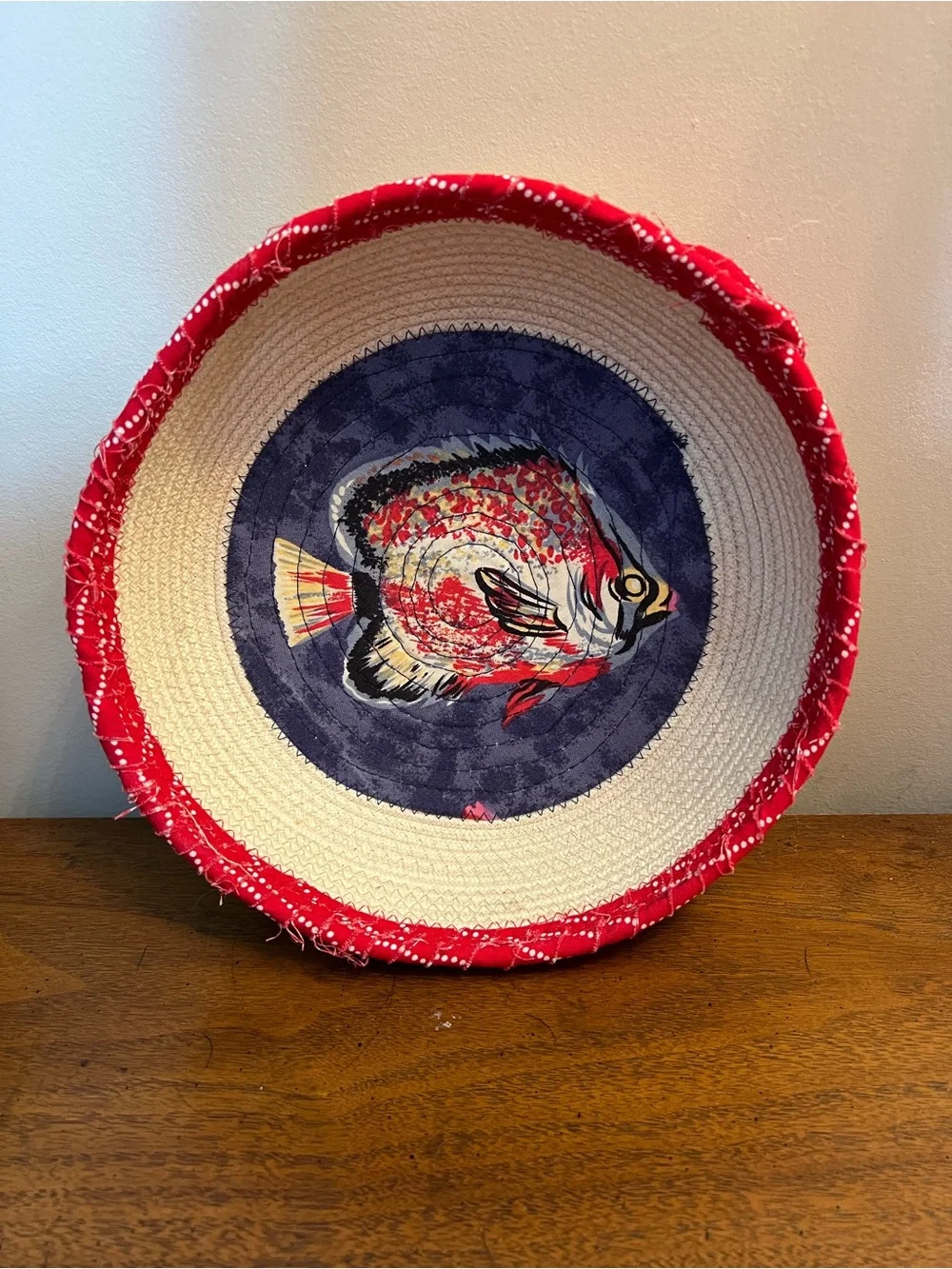 Handwoven Rope Fish Motif Bowl - Red & Navy